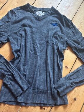 Hollister Charcoal Gray V-Neck Sweater with Blue Logo